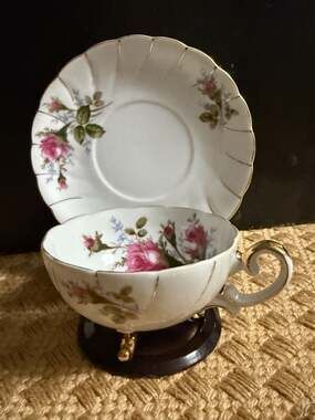 Vintage Ucagco China Footed Teacup and Saucer with Pink Roses and Gold Trim